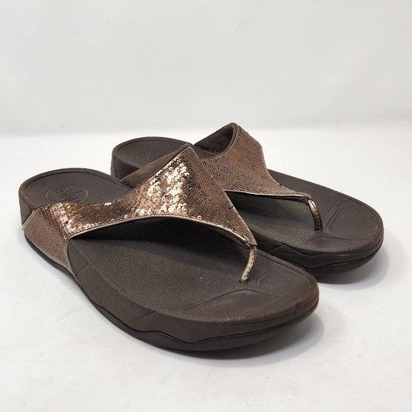 Fit Flop Womens Electra Bronze Sequins Brown Thong Sandal Size 9 Wedge Walking - Picture 1 of 9